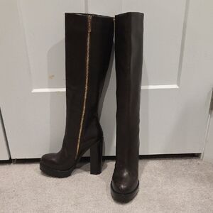Michael Kors Collection Black Heeled Boots with Gold Zipper